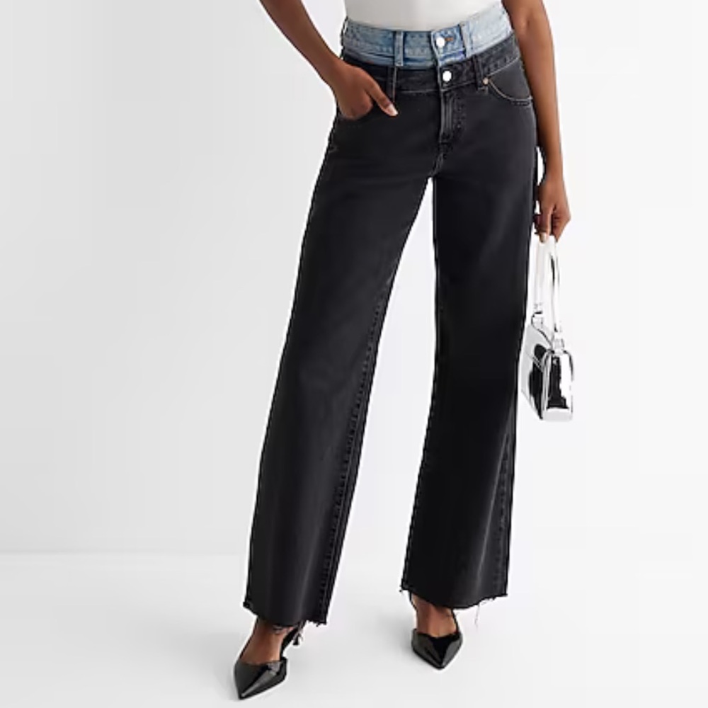 Super High Waisted Double Waistband Black Wide Leg Jeans